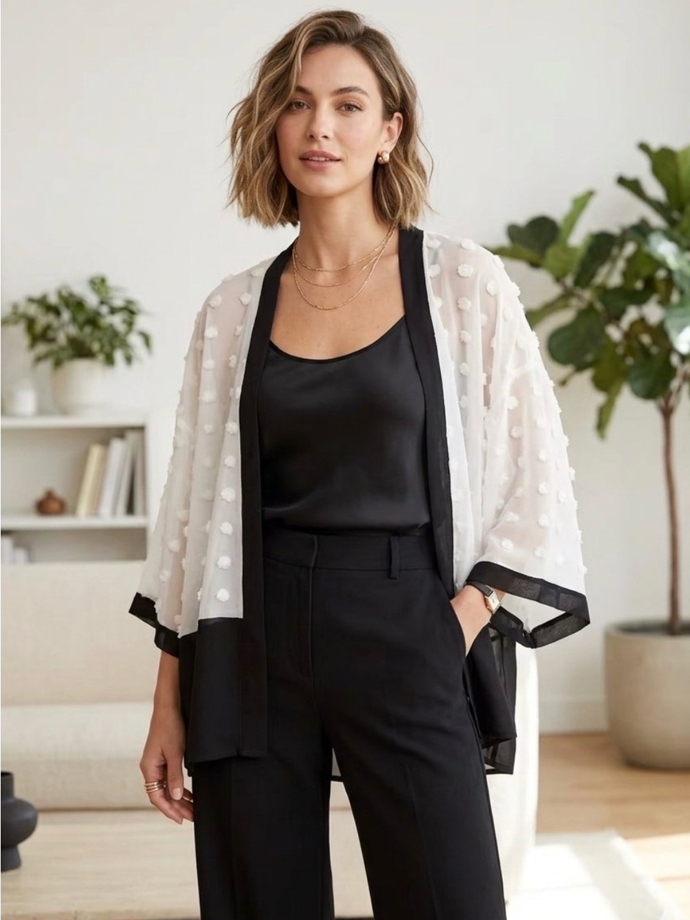 White Swiss Dot Sheer Kimono Cardigan with Black Trim